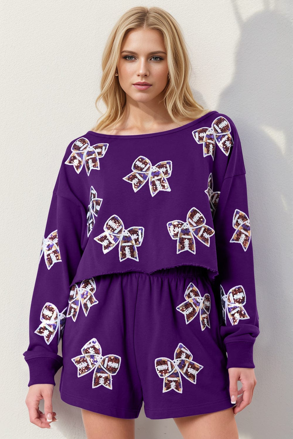 Double Take Sequin Bow Cropped Top and Shorts Set - Trendsi
