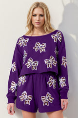 Double Take Sequin Bow Cropped Top and Shorts Set - Trendsi