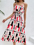 Ruffled Printed Tie Waist Midi Dress - Trendsi