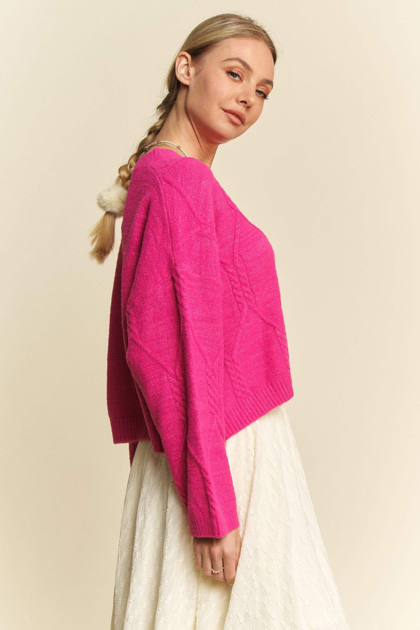 Davi & Dani Diamond Cable Pattern Drop Shoulder Sweater - Trendsi - Flyclothing LLC
