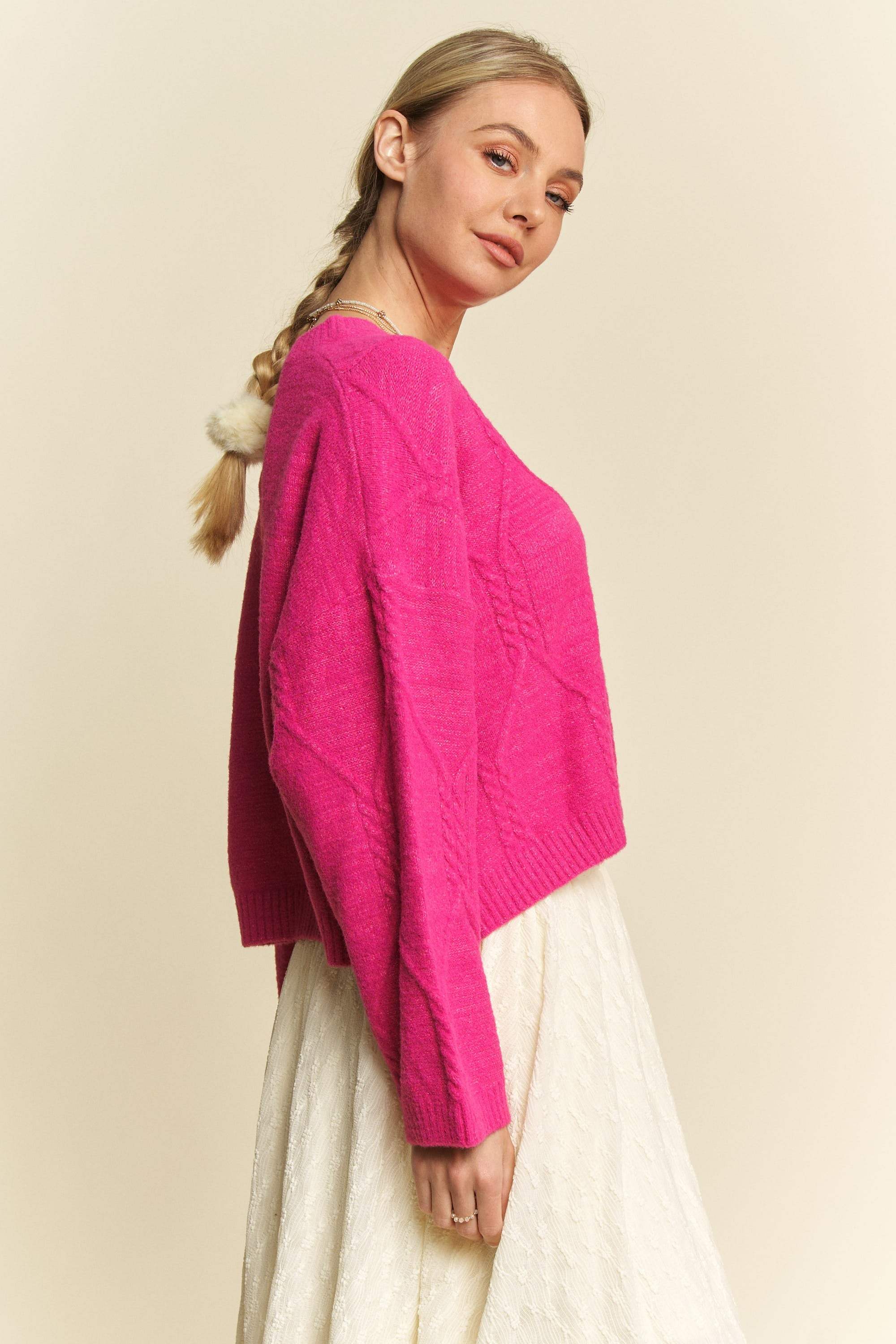 Davi & Dani Diamond Cable Pattern Drop Shoulder Sweater - Trendsi - Flyclothing LLC