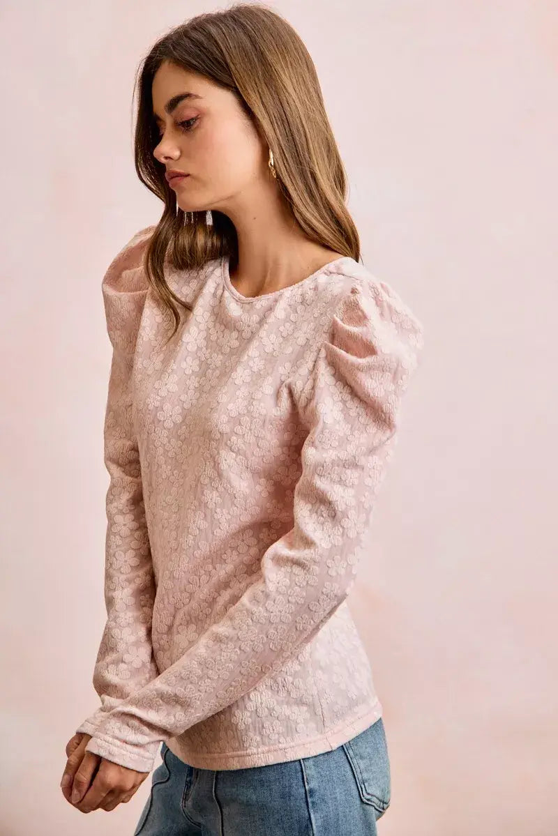 BiBi Textured Flower Knit Puff Shoulder Top - Trendsi - Flyclothing LLC