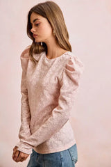 BiBi Textured Flower Knit Puff Shoulder Top - Trendsi - Flyclothing LLC