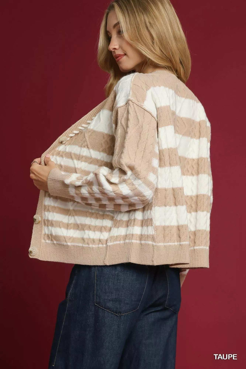 Umgee Cable-Knit Stripe Button-Up Cardigan - Trendsi - Flyclothing LLC