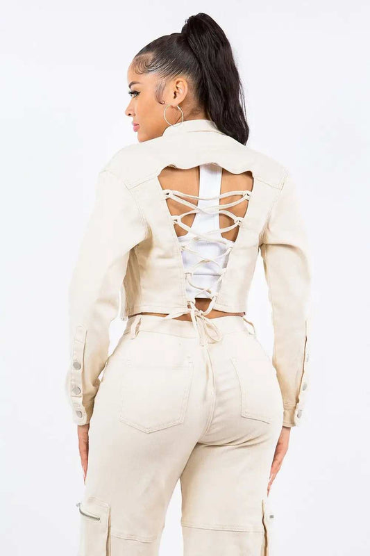 American Bazi Laced Back Cropped Jacket - Trendsi - Flyclothing LLC