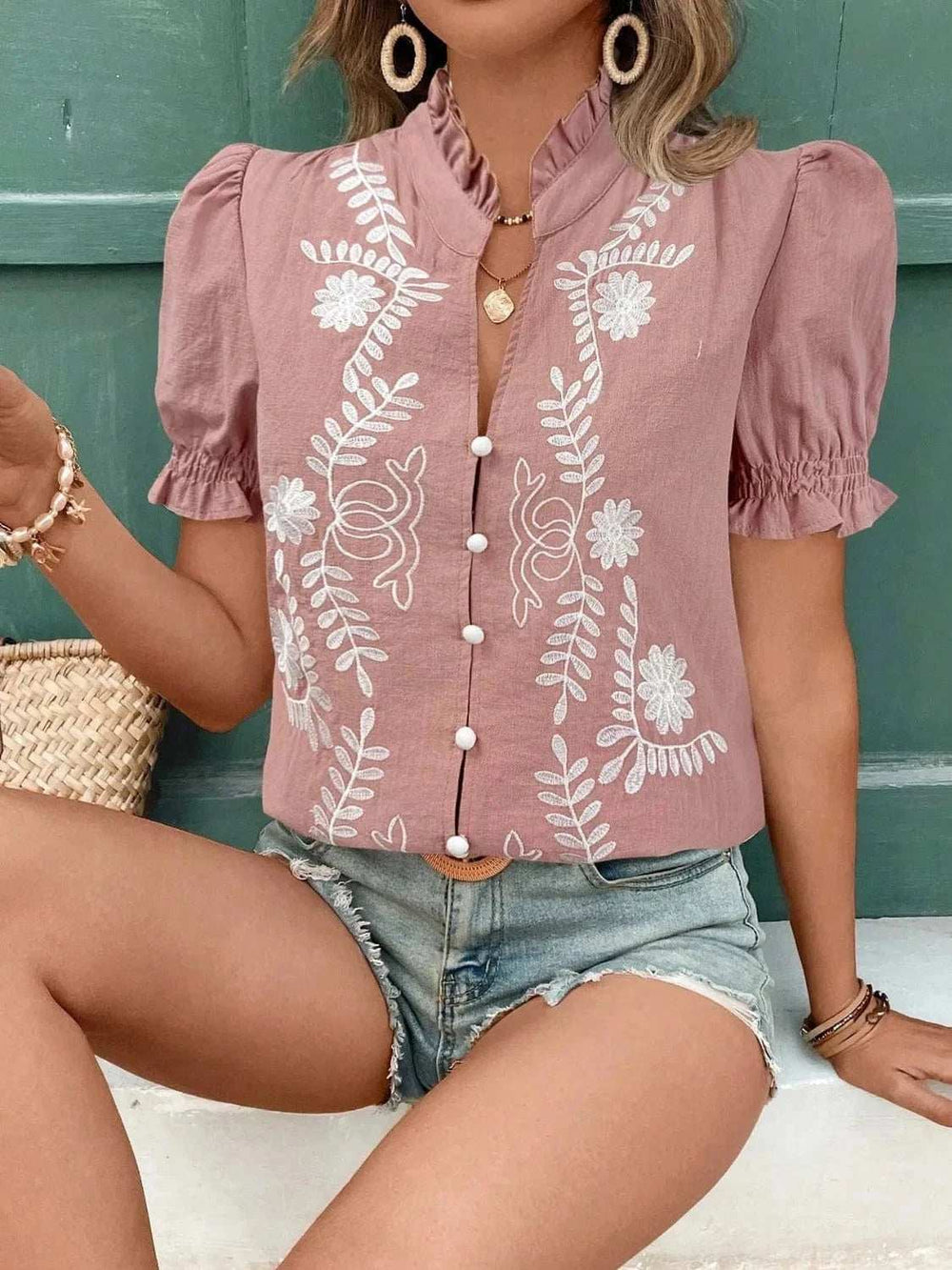 Embroidered Frill Notched Short Sleeve Blouse - Trendsi - Flyclothing LLC