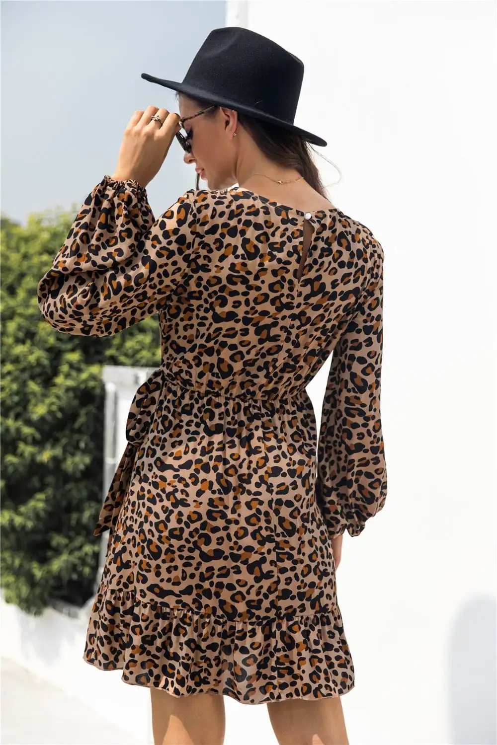 Animal Print Round Neck Balloon Sleeve Mini Dress - Trendsi - Flyclothing LLC