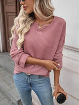 Striped Notched Long Sleeve T-Shirt - Trendsi - Flyclothing LLC