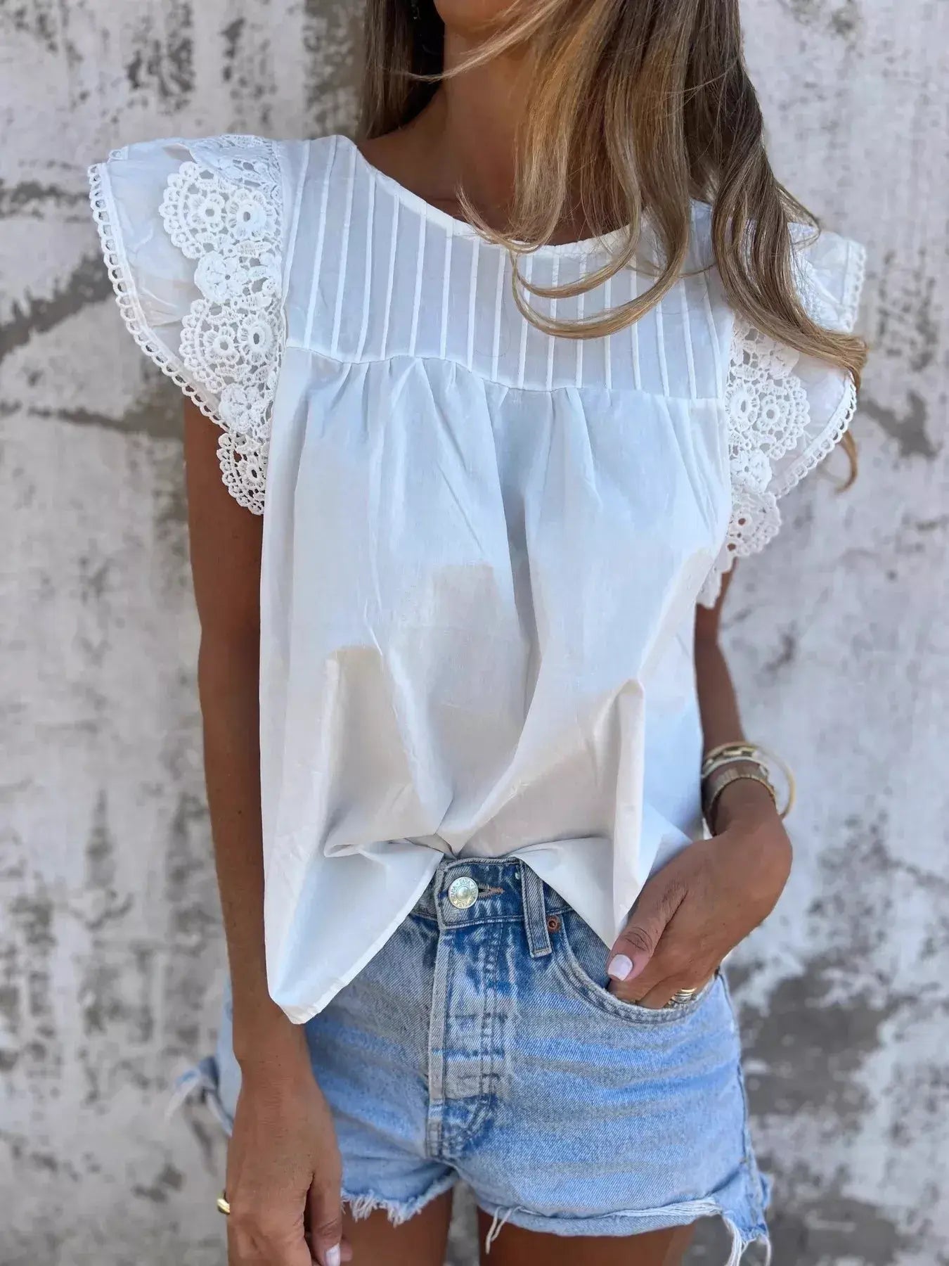 Lace Trimmed Cap Sleeve Blouse - Trendsi - Flyclothing LLC