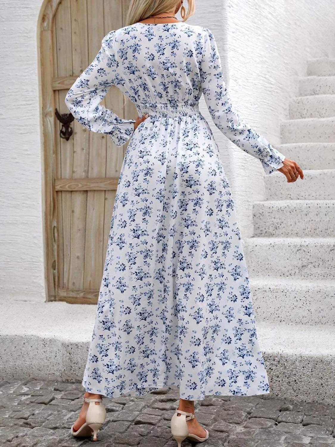 Smocked Printed V-Neck Flounce Sleeve Dress - Trendsi - Flyclothing LLC
