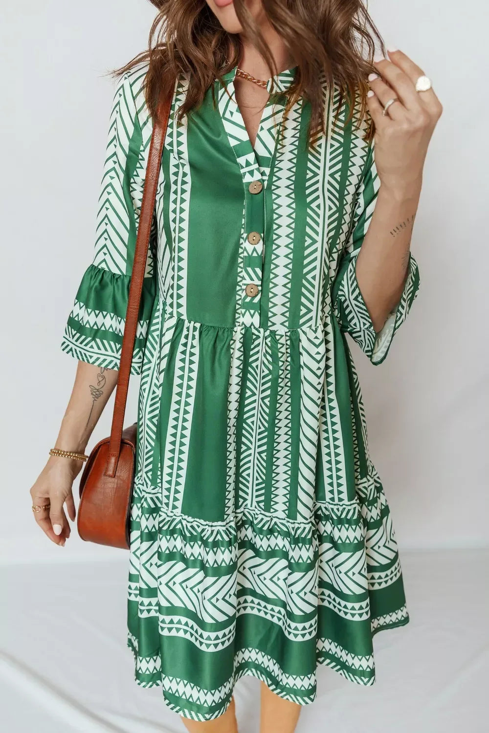 Ethnic Print Half Button 3/4 Sleeve Casual Dress - Trendsi - Flyclothing LLC