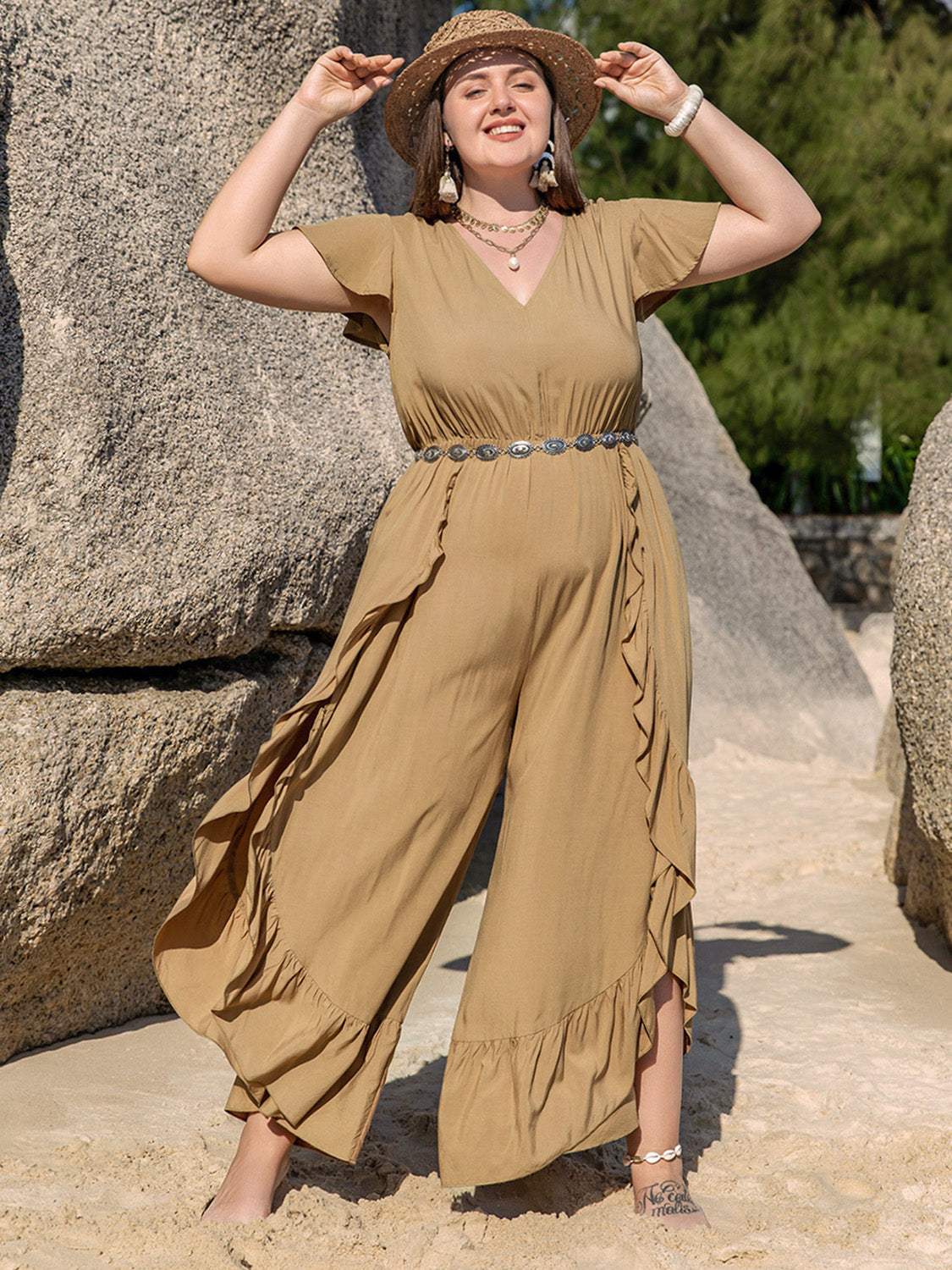 Plus Size Slit Ruffled V-Neck Jumpsuit - Trendsi - Flyclothing LLC