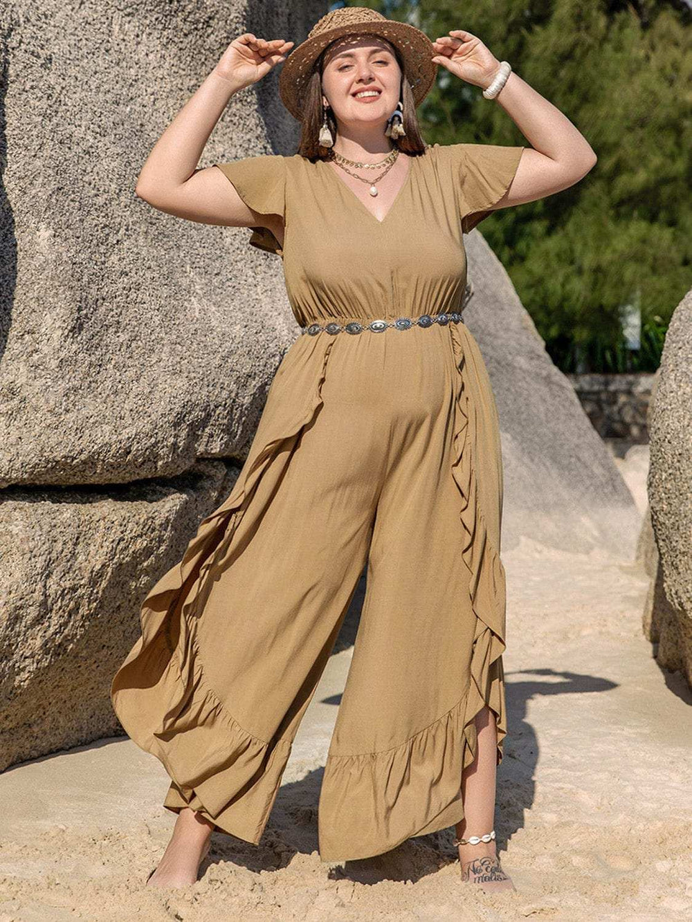 Plus Size Slit Ruffled V-Neck Jumpsuit - Trendsi - Flyclothing LLC