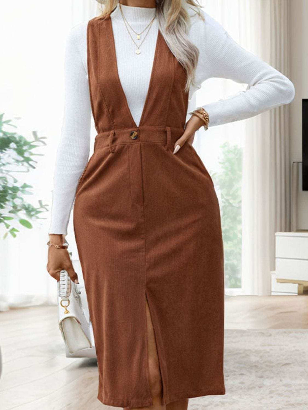 Perfee Slit Overall Dress with Pockets - Trendsi - Flyclothing LLC