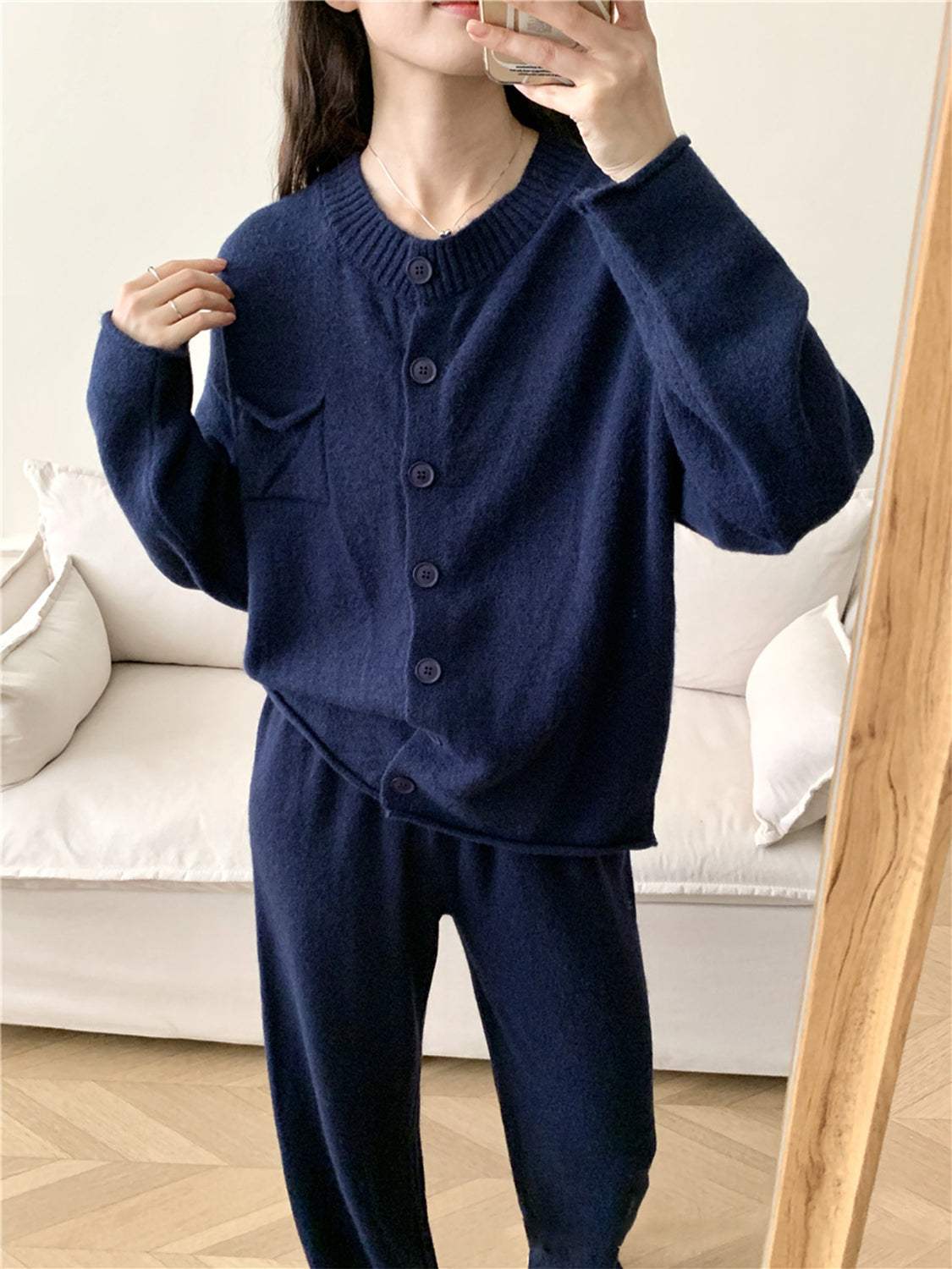 Pocketed Round Neck Button Up Cardigan and Pants Sweater Set - Trendsi - Flyclothing LLC
