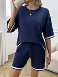 Contrast Trim Round Neck Top and Shorts Set - Trendsi - Flyclothing LLC