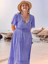 Plus Size Lace Detail Tie Neck Short Sleeve Maxi Dress - Trendsi - Flyclothing LLC