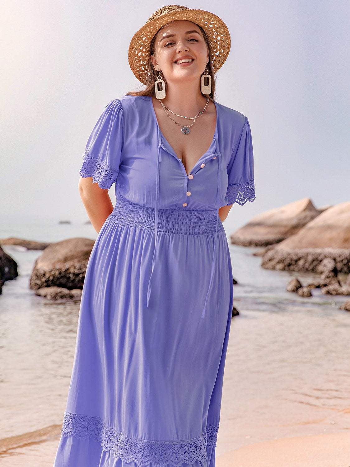 Plus Size Lace Detail Tie Neck Short Sleeve Maxi Dress - Trendsi - Flyclothing LLC