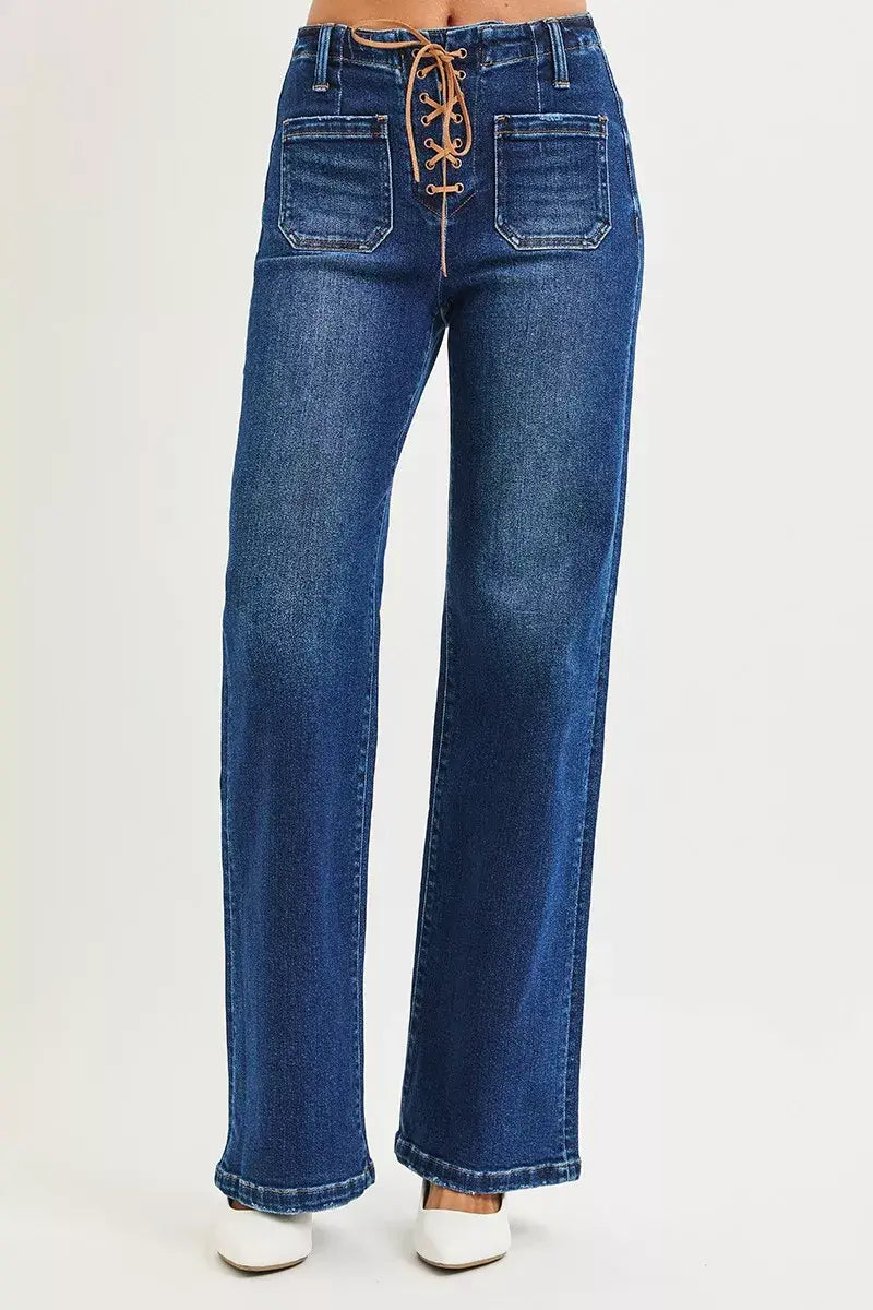 RISEN Full Size High Rise Wide Leg Jeans with Front Tie Detail Plus Size - Trendsi - Flyclothing LLC