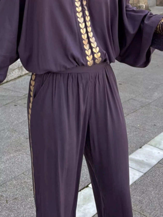 Full Size Contrast Trim V-Neck Top and Pants Set Plus Size - Trendsi - Flyclothing LLC