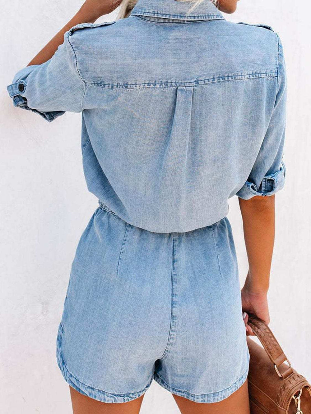 Drawstring Half Button Half Sleeve Denim Romper - Trendsi - Flyclothing LLC