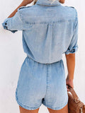 Drawstring Half Button Half Sleeve Denim Romper - Trendsi