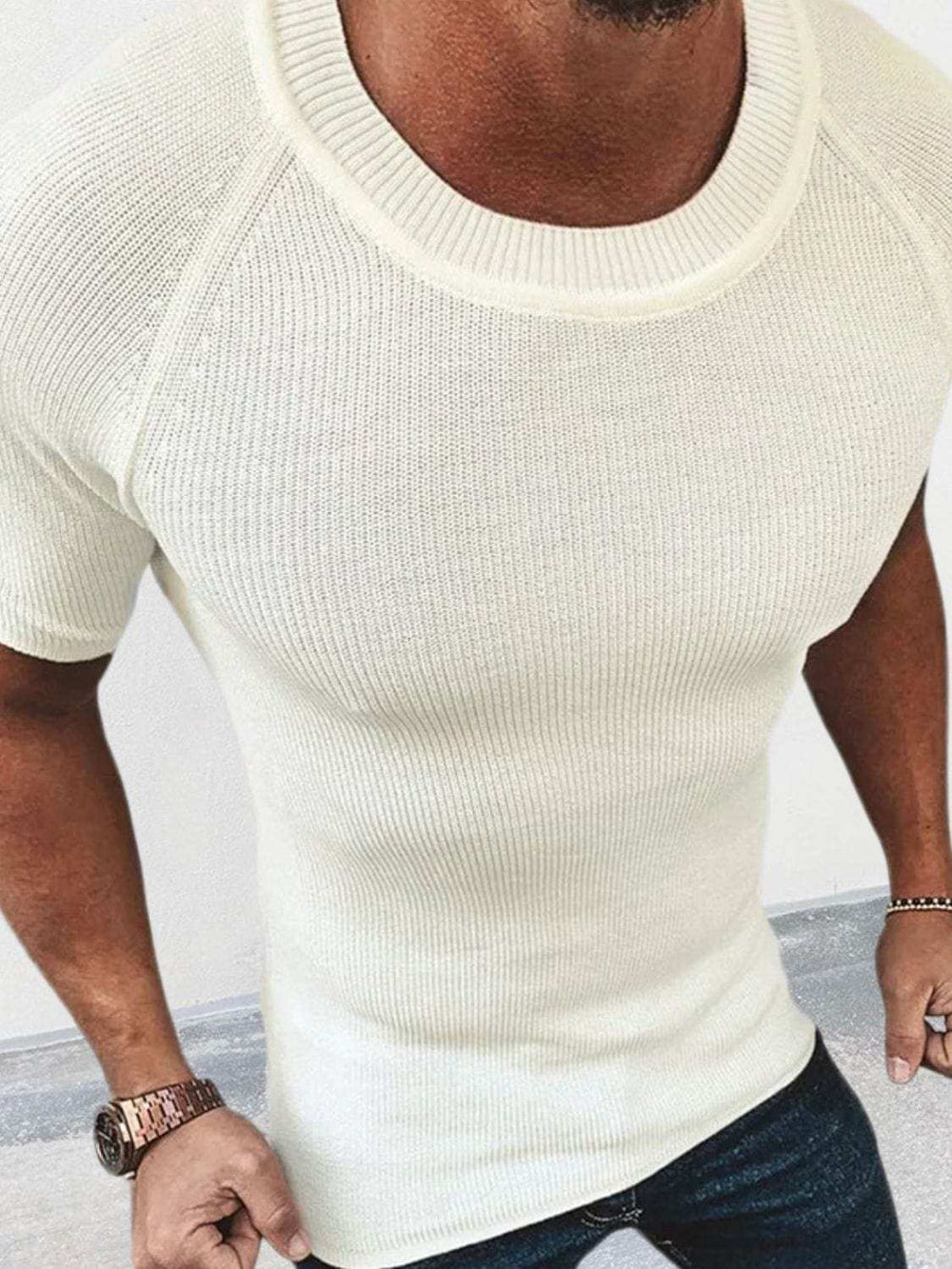 Men's Round Neck Short Sleeve Ribbed Knit T-Shirt - Trendsi - Flyclothing LLC