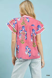 Umgee Blossom Meadow Print Blouse with Contrast Trim - Trendsi - Flyclothing LLC