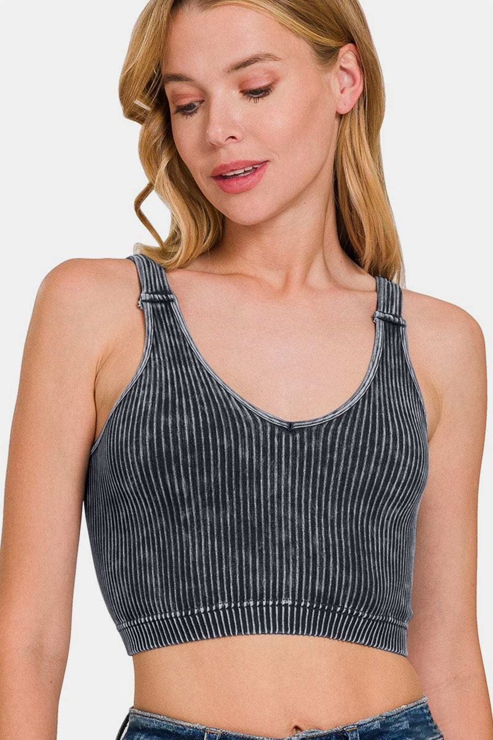 Zenana Washed Ribbed Cropped V-Neck Tank - Trendsi - Flyclothing LLC