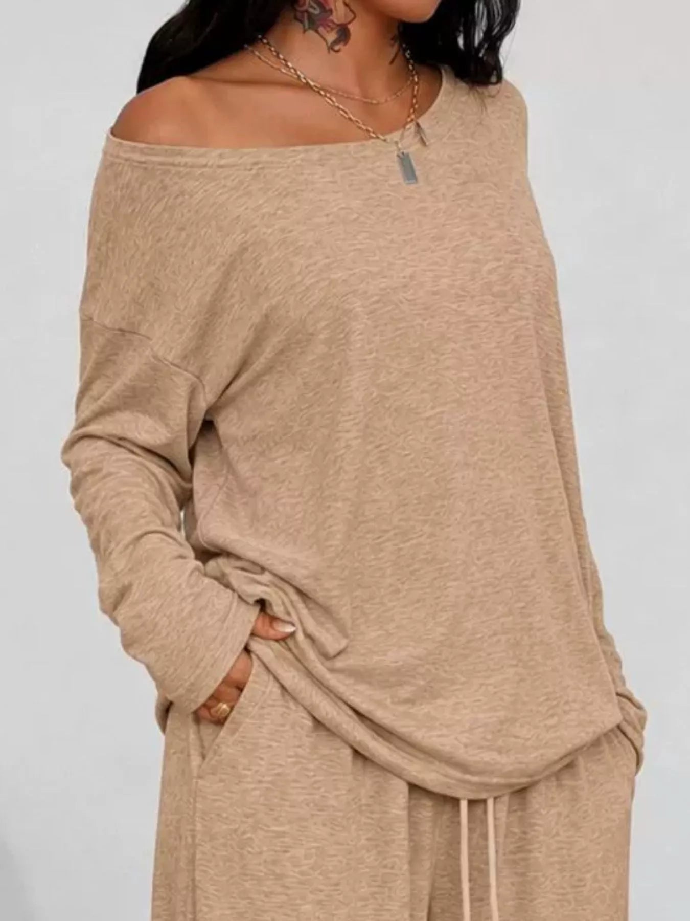 Full Size Comfortable Loose Fit One-Shoulder T-Shirt and Pants Set Plus Size - Trendsi - Flyclothing LLC