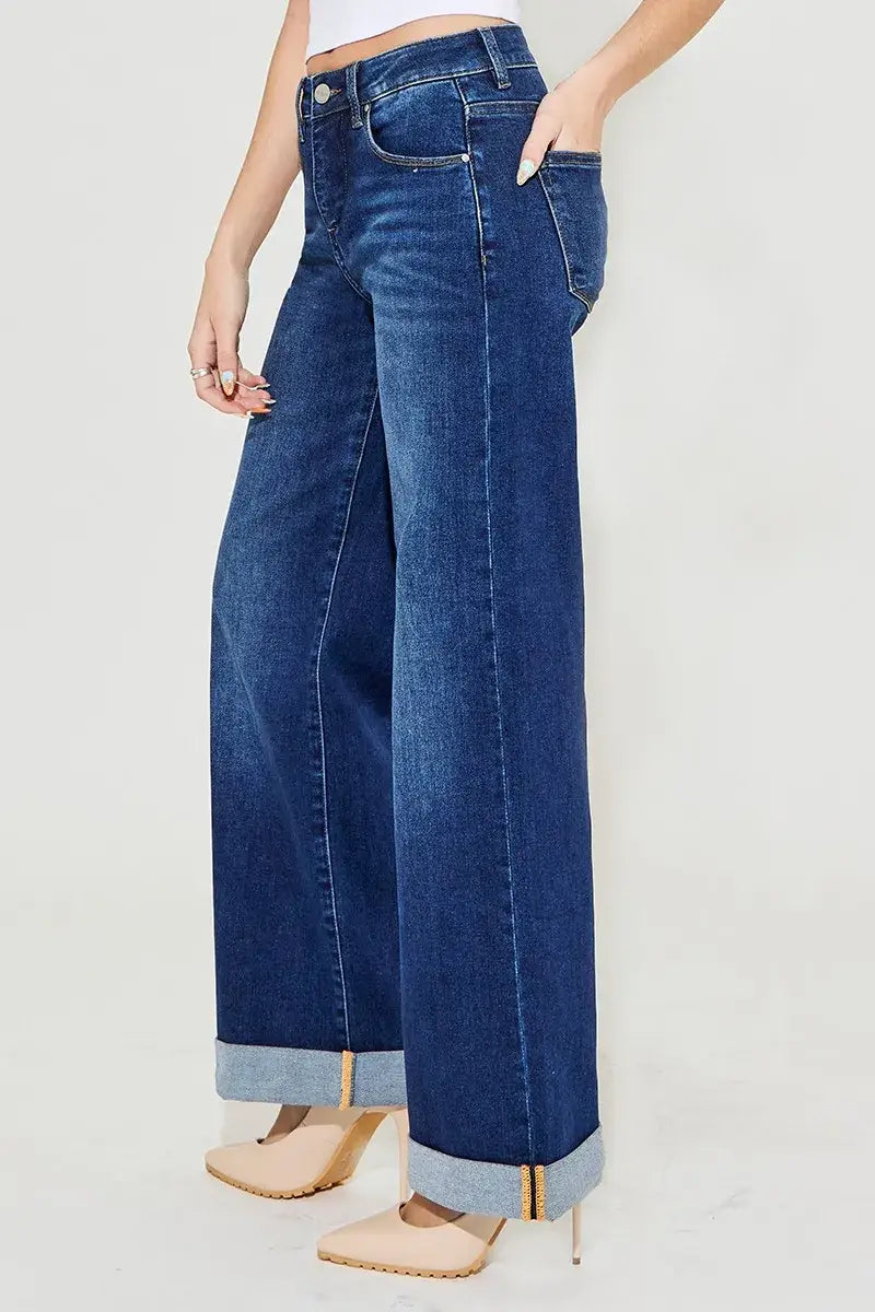 RISEN Full Size Tummy Control High Rise Wide Leg Cuffed Jeans Plus Size - Trendsi - Flyclothing LLC