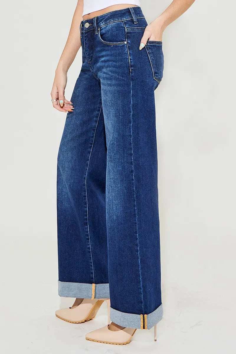 RISEN Full Size Tummy Control High Rise Wide Leg Cuffed Jeans Plus Size - Trendsi - Flyclothing LLC