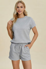 Double Take Full Size Texture Short Sleeve Top and Shorts Set - Trendsi - Flyclothing LLC