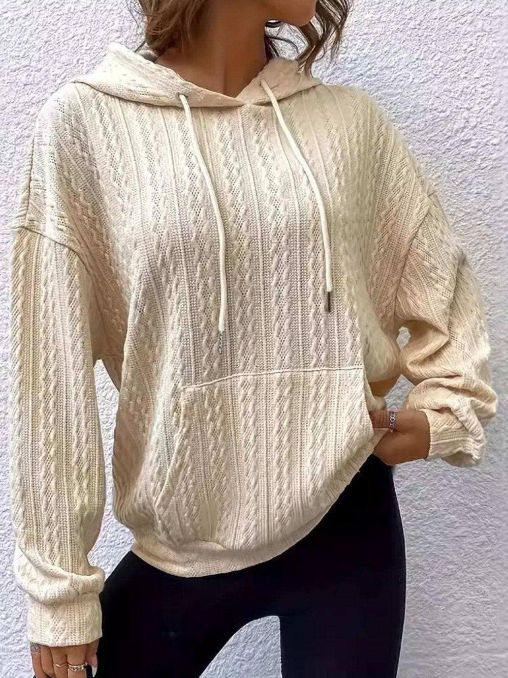 Drawstring Texture Long Sleeve Hoodie - Trendsi - Flyclothing LLC