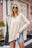 Slit V-Neck Dropped Shoulder Sweater - Trendsi