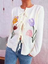 Floral Ribbed Hem Tie Front Cardigan - Trendsi - Flyclothing LLC