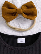 Children's Ribbed Top and Bow Skirt Set with Headband - Trendsi - Flyclothing LLC