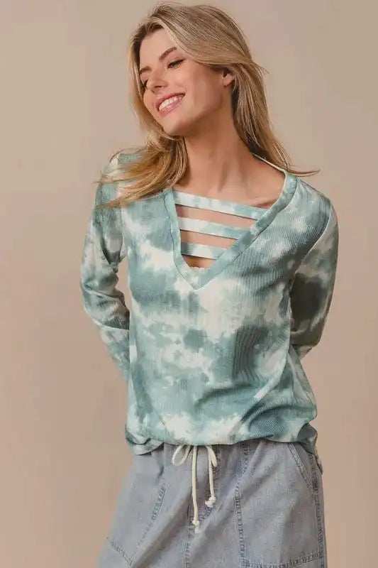 BiBi Variegated Tie Dye Rib V-Neck Top with Strapped - Trendsi - Flyclothing LLC