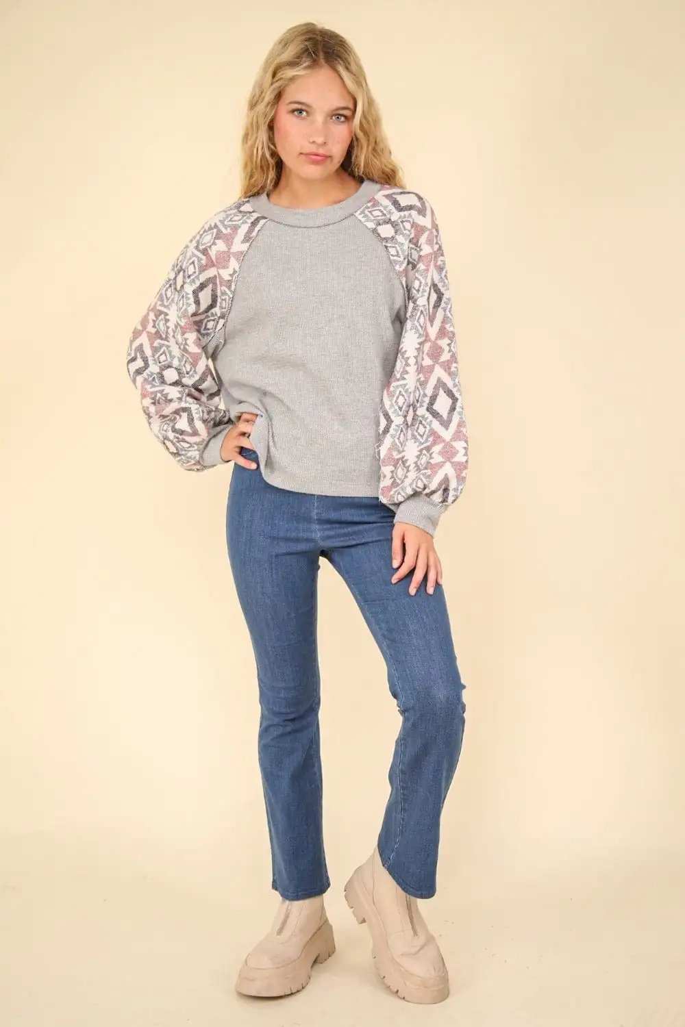 VERY J Printed Long Sleeve Round Neck Knit Top - Trendsi - Flyclothing LLC