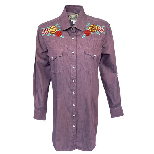 Rockmount Ranch Ware Women's Denim Lavender Western Dress with Floral Embroidery - Rockmount Clothing - Flyclothing LLC