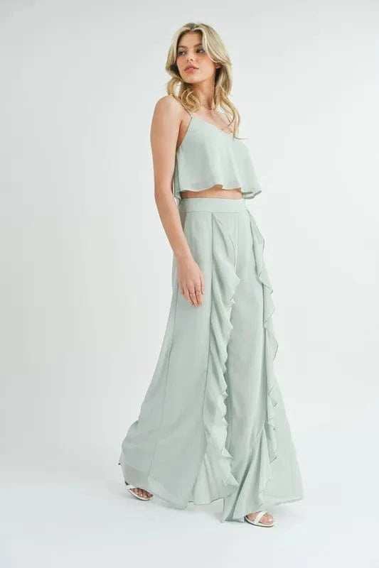 MABLE Crop Cami and Ruffled Wide Leg Pants Set - Trendsi - Flyclothing LLC