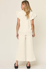 Double Take Texture Ruffle Short Sleeve Top and Drawstring Wide Leg Pants Set - Trendsi - Flyclothing LLC