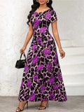 Printed Round Neck Short Sleeve Maxi Tee Dress - Trendsi