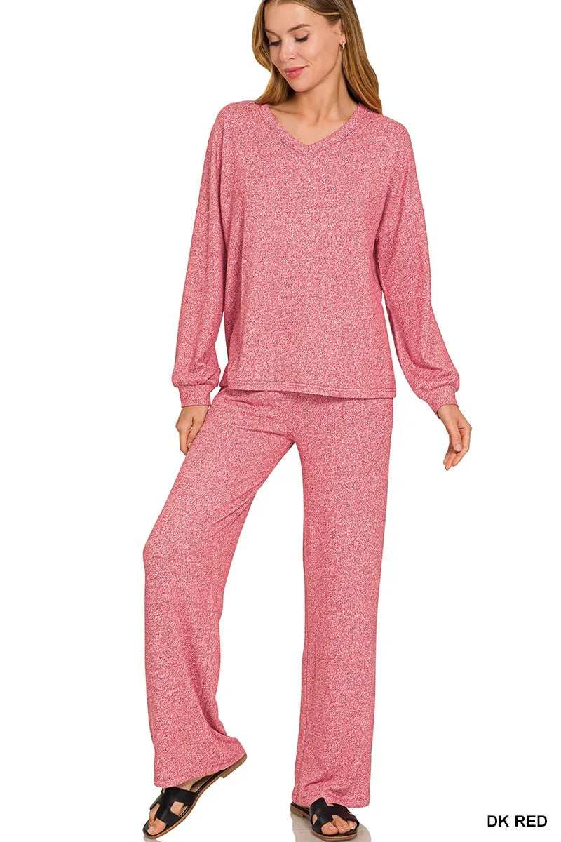 Zenana Soft Melange Long Sleeve Tee & Pants Set - Trendsi - Flyclothing LLC