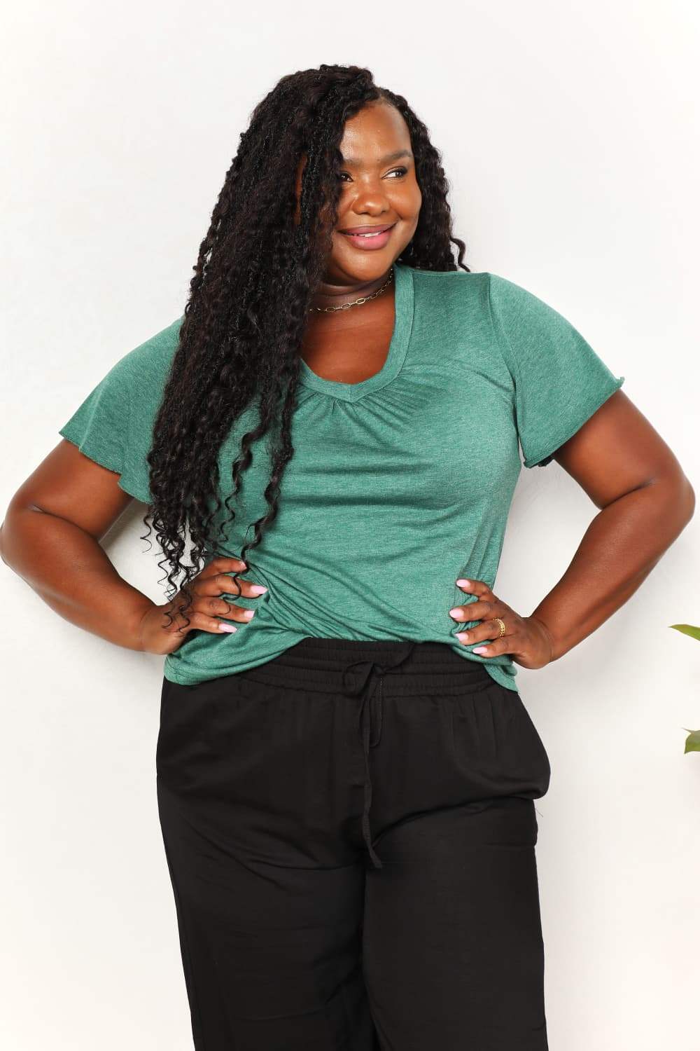 Double Take Ruched V-Neck Short Sleeve T-Shirt - Trendsi - Flyclothing LLC