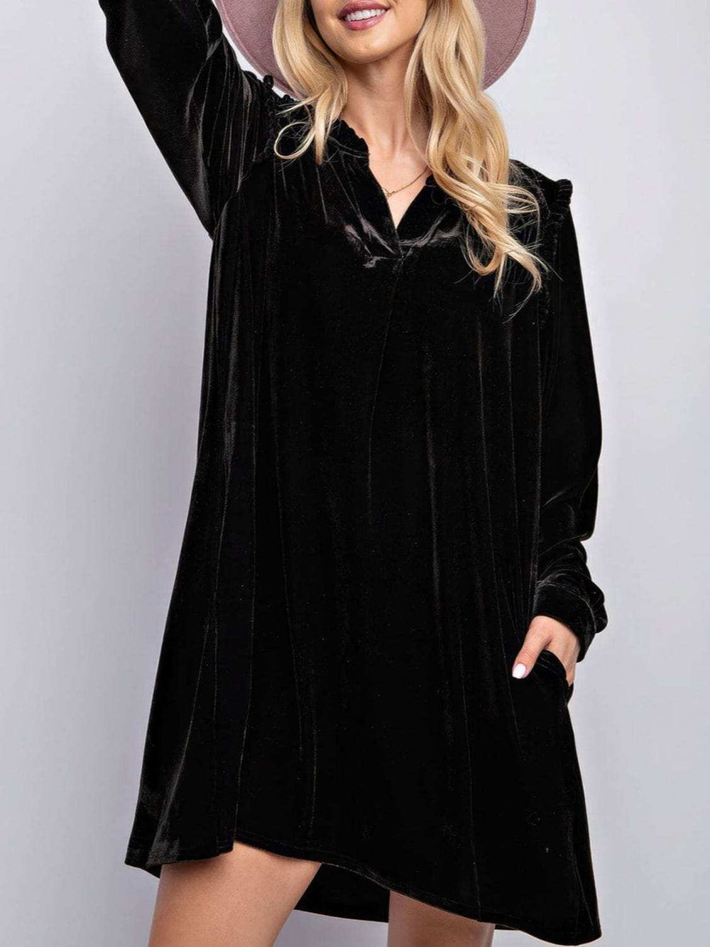 Frill Notched Long Sleeve Dress with Pockets - Trendsi - Flyclothing LLC