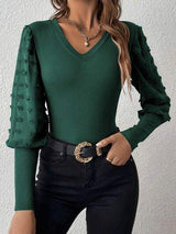 Swiss Dot V-Neck Long Sleeve Top - Trendsi - Flyclothing LLC