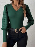 Swiss Dot V-Neck Long Sleeve Top - Trendsi