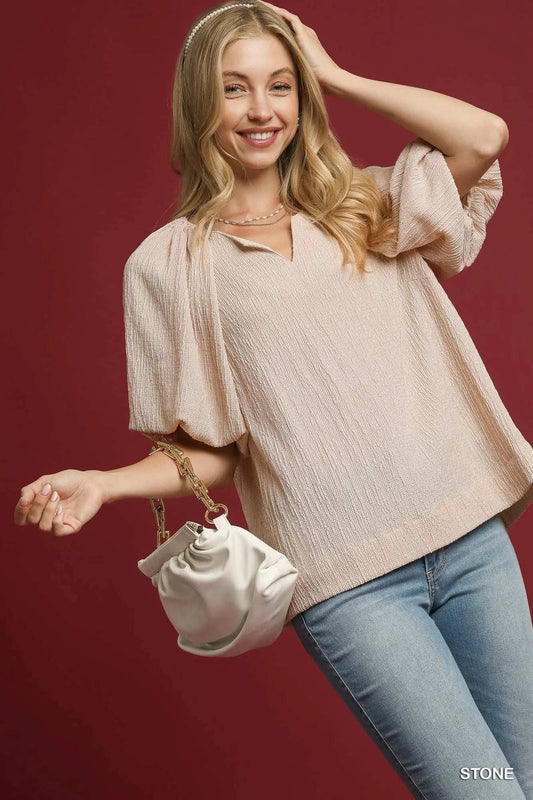 Umgee Texture Puff Sleeve Notched Blouse - Trendsi - Flyclothing LLC