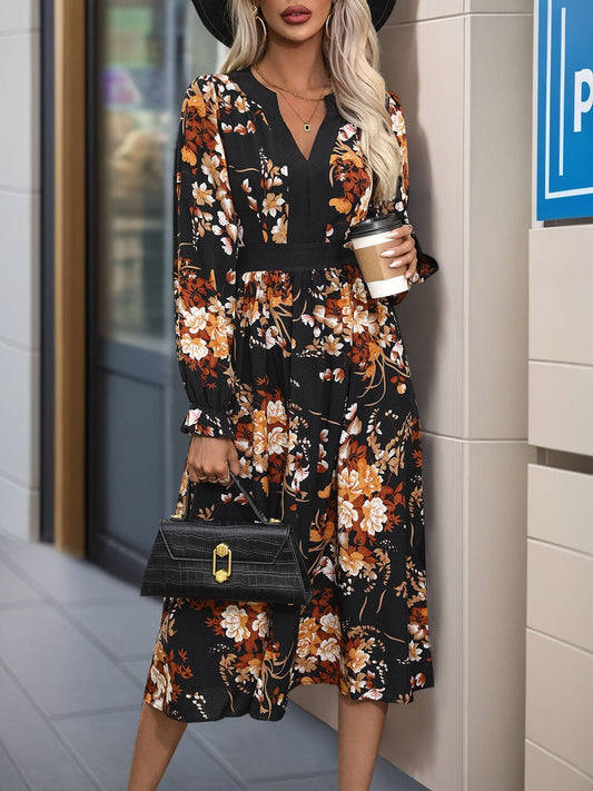 Printed Notched Long Sleeve Midi Dress - Trendsi